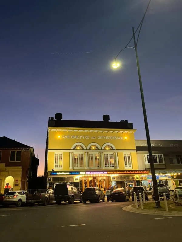 An evening image of the Regent Theatre, Yarram